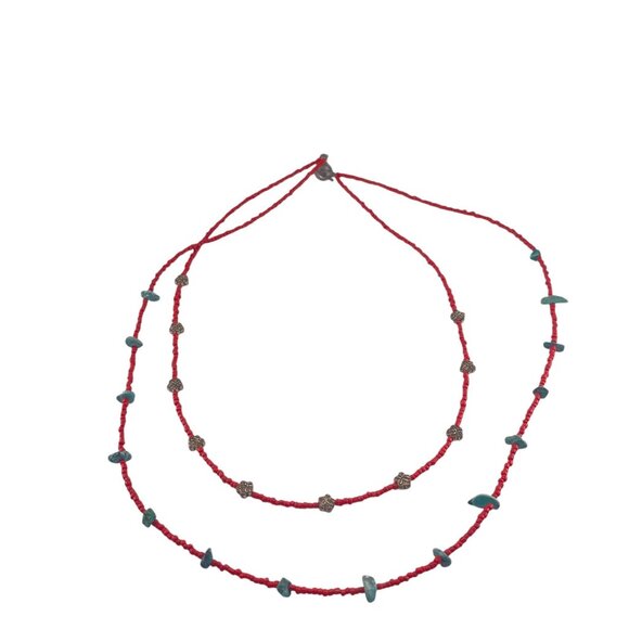 Boho Handcrafted Red & Blue Beaded Necklace With Metal Accents 24" Unbranded - Picture 6 of 6